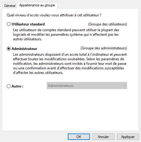 Windows 10 changer type utilisateur