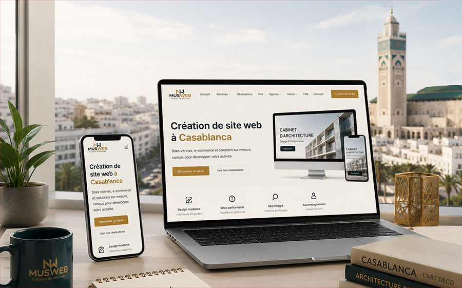 Création de site web à Casablanca affiché sur ordinateur et smartphone